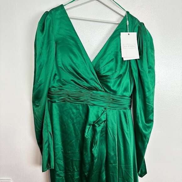 MAC DUGGAL Puff Sleeve Satin Faux Wrap Gown in Emerald Green Size US 14 NWT - Picture 4 of 12